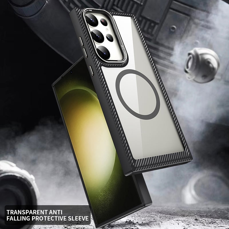 BURAQ Case Cover For Samsung Galaxy S23 Ultra 5G MagSafe Carbon Fiber Transparent Back Panel Phone Case(Black) - Image 4