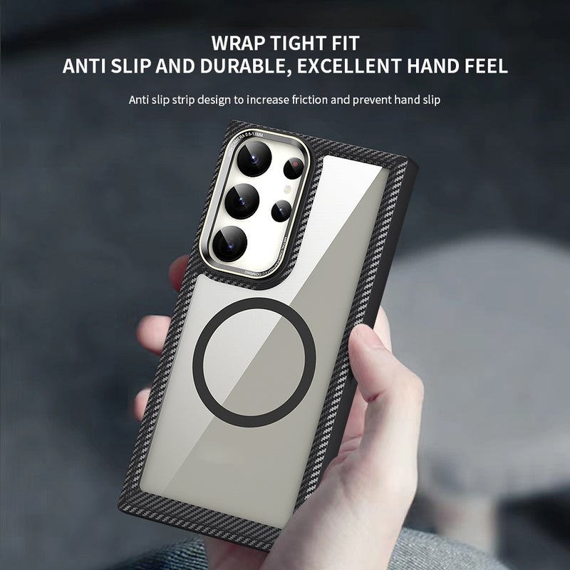 BURAQ Case Cover For Samsung Galaxy S23 Ultra 5G MagSafe Carbon Fiber Transparent Back Panel Phone Case(Black) - Image 3