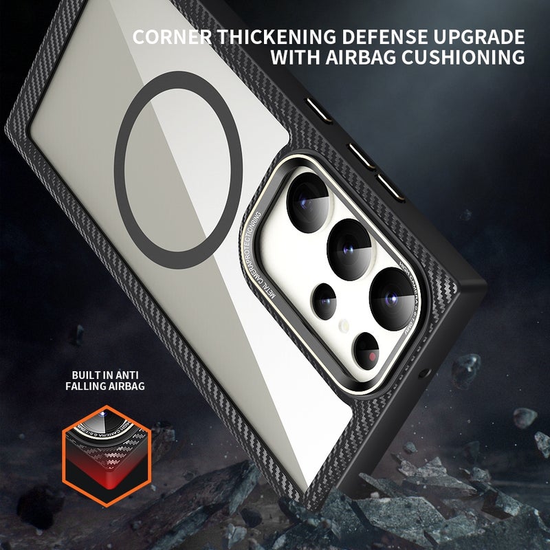 BURAQ Case Cover For Samsung Galaxy S23 Ultra 5G MagSafe Carbon Fiber Transparent Back Panel Phone Case(Black) - Image 5