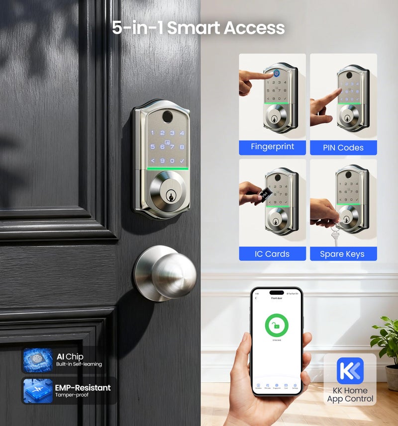 Veise VE017-K Fingerprint Smart Lock with 2 Knobs, App Control, Keyless Entry Front Door Lock Set, Electronic Touchscreen Keypad Deadbolt, Emergency Power Port, Easy Install, Auto-Lock, Satin Nickel - Image 3