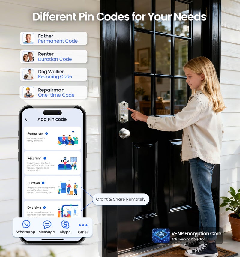 Veise VE017-K Fingerprint Smart Lock with 2 Knobs, App Control, Keyless Entry Front Door Lock Set, Electronic Touchscreen Keypad Deadbolt, Emergency Power Port, Easy Install, Auto-Lock, Satin Nickel - Image 4