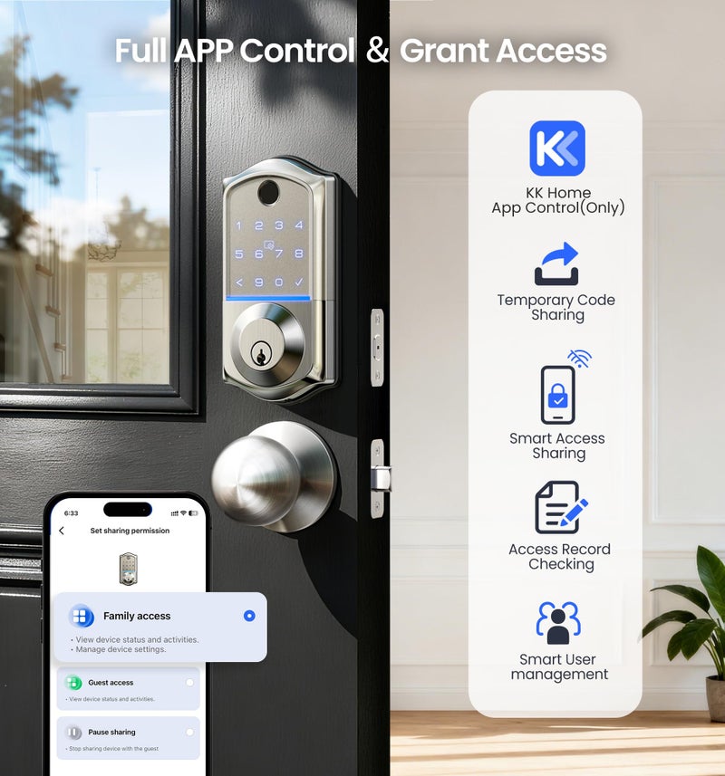 Veise VE017-K Fingerprint Smart Lock with 2 Knobs, App Control, Keyless Entry Front Door Lock Set, Electronic Touchscreen Keypad Deadbolt, Emergency Power Port, Easy Install, Auto-Lock, Satin Nickel - Image 2