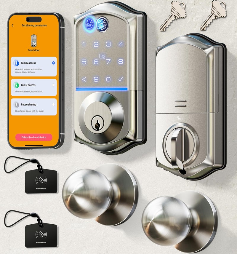 Veise VE017-K Fingerprint Smart Lock with 2 Knobs, App Control, Keyless Entry Front Door Lock Set, Electronic Touchscreen Keypad Deadbolt, Emergency Power Port, Easy Install, Auto-Lock, Satin Nickel - Image 1