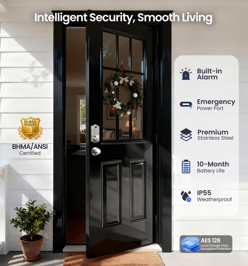 Veise VE017-K Fingerprint Smart Lock with 2 Knobs, App Control, Keyless Entry Front Door Lock Set, Electronic Touchscreen Keypad Deadbolt, Emergency Power Port, Easy Install, Auto-Lock, Satin Nickel - Image 5