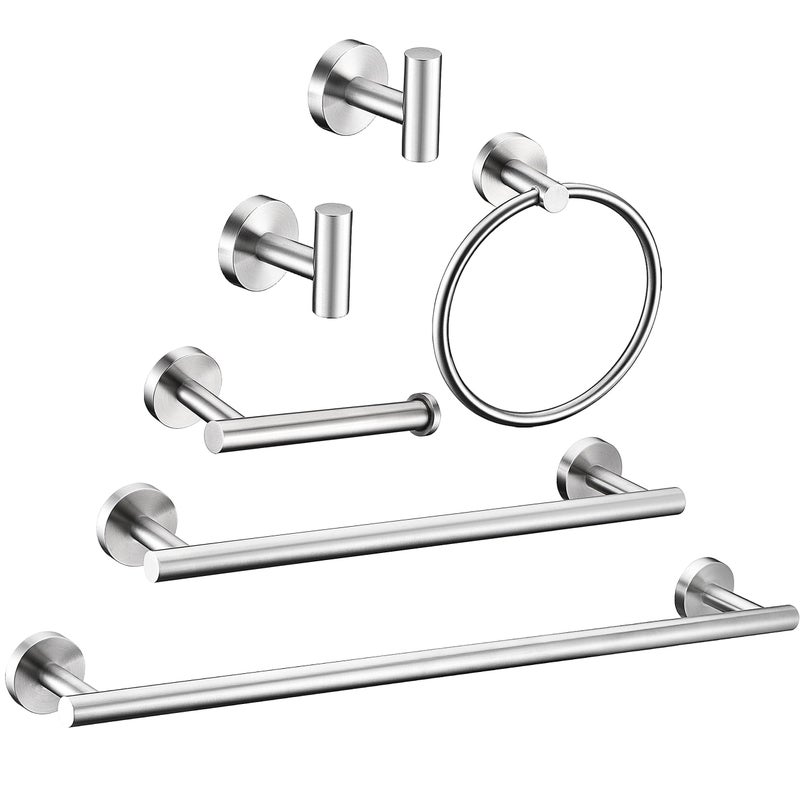 6 Pieces Brushed Nickel Bathroom Hardware Accessories Set Hand Towel Ring 16236 inch Round Towel Bar Silver Toilet Paper Holder Towel Hooks 2 Pieces SUS 304 Stainless SteelHeavy DutyWall Mounted