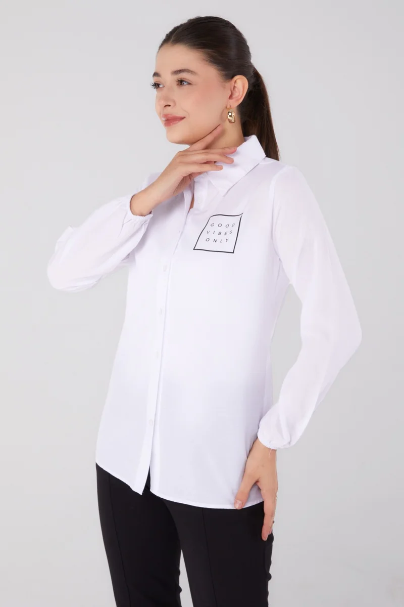Tofisa Plain Shirt Collar Women's White Printed Shirt - 13344