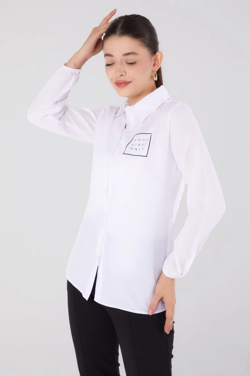 Tofisa Plain Shirt Collar Women's White Printed Shirt - 13344