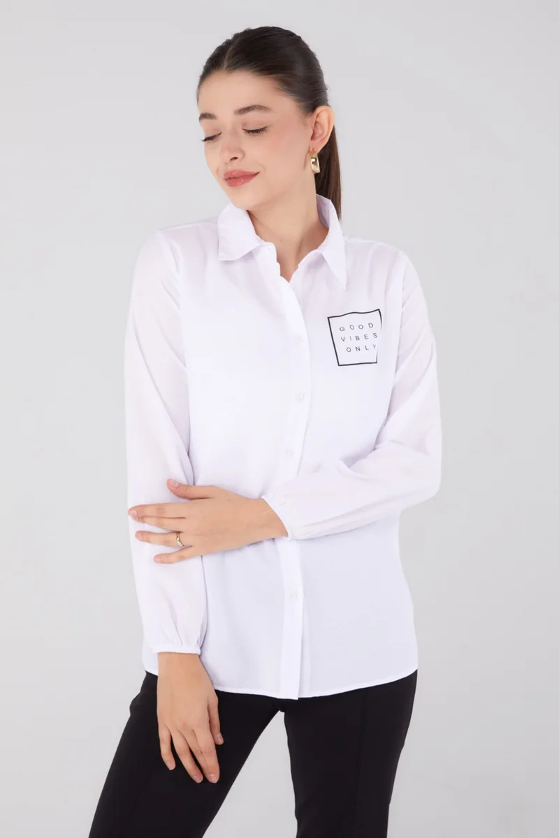 Tofisa Plain Shirt Collar Women's White Printed Shirt - 13344
