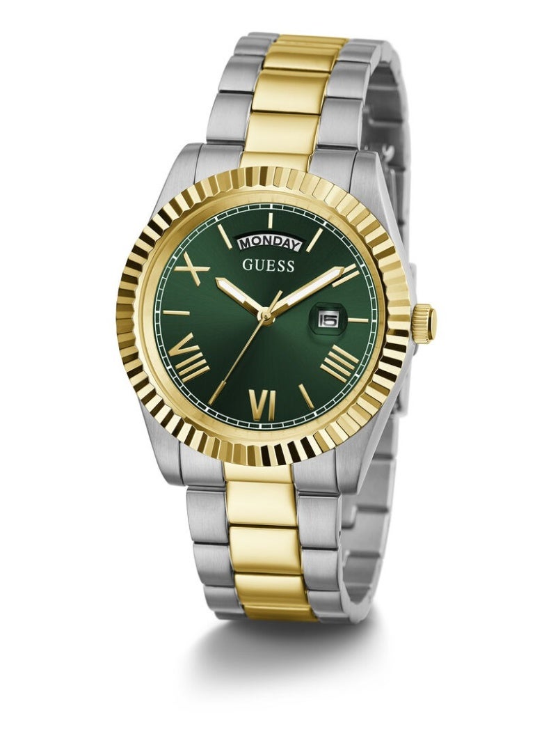 جس ساعة Guess Luna GW0308L5 للنساء – مينا أخضر Sunray مع سوار من الفولاذ المقاوم للصدأ ثنائي اللون (فضي وذهبي) – قطر 36 مم، عرض اليوم والتاريخ، مقاومة ماء 3 ATM - Image 5