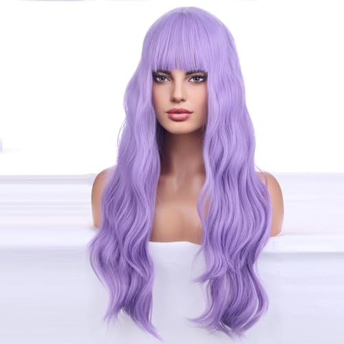 BERON 26 Inches Purple Wig Long Curly Lavender Purple Wig with Bangs for Women Daily Party Hairnet Include - Image 4
