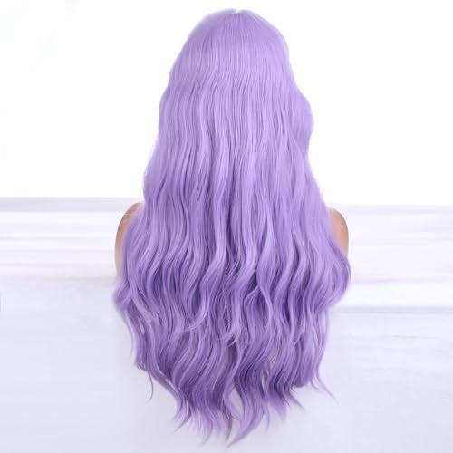 BERON 26 Inches Purple Wig Long Curly Lavender Purple Wig with Bangs for Women Daily Party Hairnet Include - Image 5