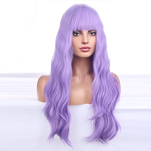 BERON 26 Inches Purple Wig Long Curly Lavender Purple Wig with Bangs for Women Daily Party Hairnet Include - Image 3