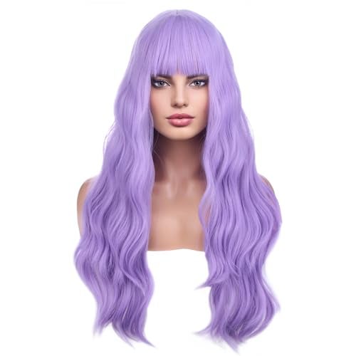 BERON 26 Inches Purple Wig Long Curly Lavender Purple Wig with Bangs for Women Daily Party Hairnet Include - Image 2