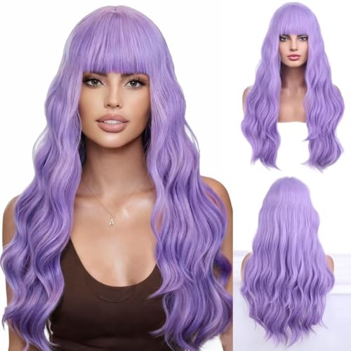 BERON 26 Inches Purple Wig Long Curly Lavender Purple Wig with Bangs for Women Daily Party Hairnet Include - Image 1