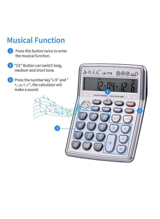Generic - Musical Desktop Calculator 12-Digits LCD Display Electronic Calculator Counter Big Buttons with Music Piano Play Time Date Show Alarm Clock Function for Office Business Classroom Home Supplies - Image 1