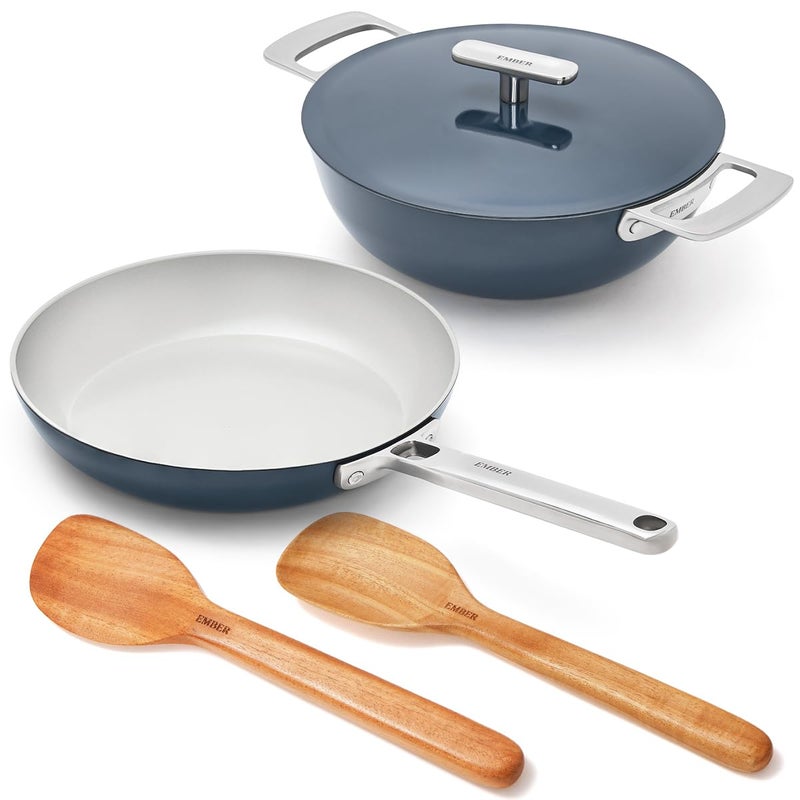 Ember Cookware طقم أواني الطهي السيراميكية غير اللاصقة إمبر 5 قطع | معتمد من ISI | يشمل مقلاة، كاداي مع غطاء، 2 ملعقة خشبية وممحاة تنظيف لطيفة | متوافق مع الحث | خالي من PFAS و PTFE - أزرق - Image 1