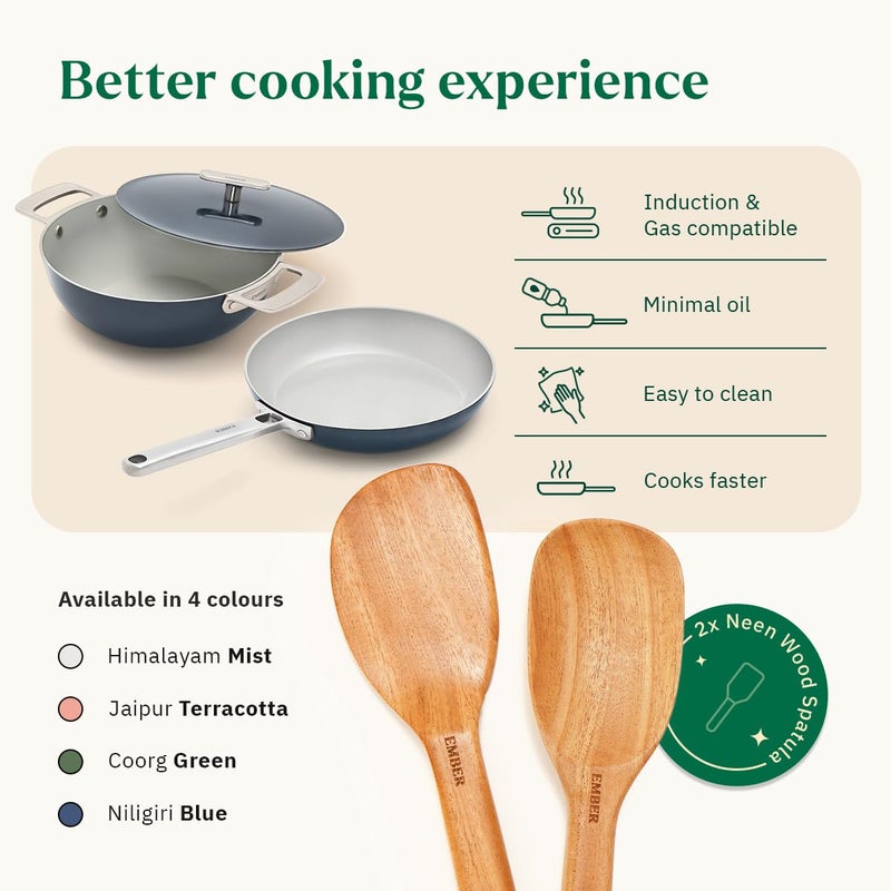 Ember Cookware طقم أواني الطهي السيراميكية غير اللاصقة إمبر 5 قطع | معتمد من ISI | يشمل مقلاة، كاداي مع غطاء، 2 ملعقة خشبية وممحاة تنظيف لطيفة | متوافق مع الحث | خالي من PFAS و PTFE - أزرق - Image 3