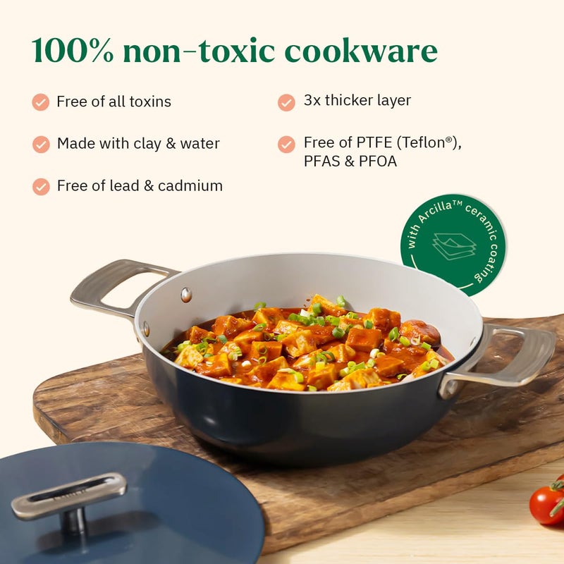 Ember Cookware طقم أواني الطهي السيراميكية غير اللاصقة إمبر 5 قطع | معتمد من ISI | يشمل مقلاة، كاداي مع غطاء، 2 ملعقة خشبية وممحاة تنظيف لطيفة | متوافق مع الحث | خالي من PFAS و PTFE - أزرق - Image 4