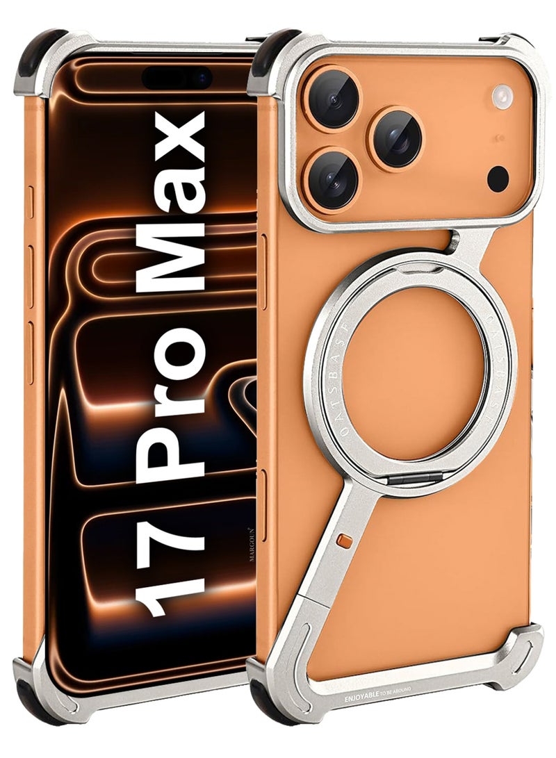 2Packs Minimalist Phone Cover for iPhone 17 Pro Max, 360° Rotation Kickstand Aluminum Metal Frameless Design Bumper Z Case, Protective Shock Grade Shell with 3D Screen Protector - Silver - Image 2