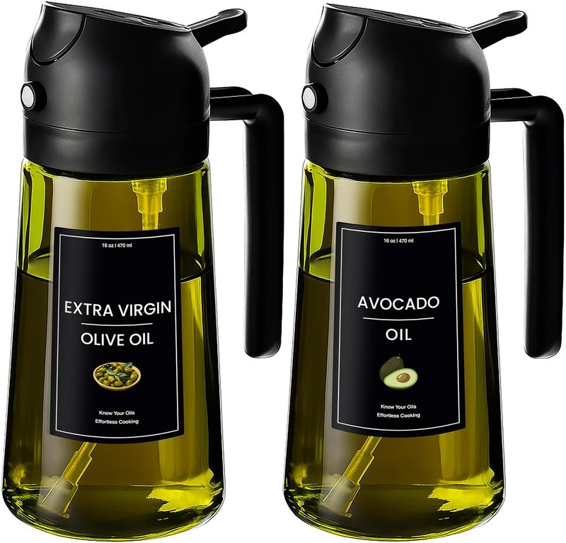 CXINYI - 16oz/470ml Olive Oil Dispenser for Kitchen with Stickers - 2 in 1 Olive Oil Sprayer for Cooking, Air Fryer, and Salad, 2 Black (Light-Proof Kitchen Gadget) - Image 1