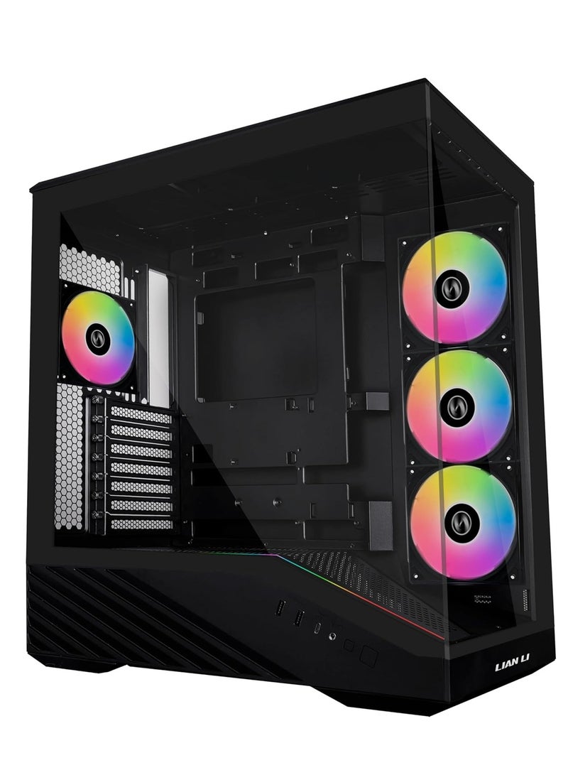 ليان لي صندوق كمبيوتر في 100 ايه تي اكس ميد تاور 4 × 120 ملم ARGB PWM مثبت مسبقا، شريط LED RGB ومنصة عرض مع زجاج مقسى، يدعم وحدة معالجة الرسومات الجرافيكية 415 ملم، رادياتور 360 ملم، تدفق هواء محسن - Image 1