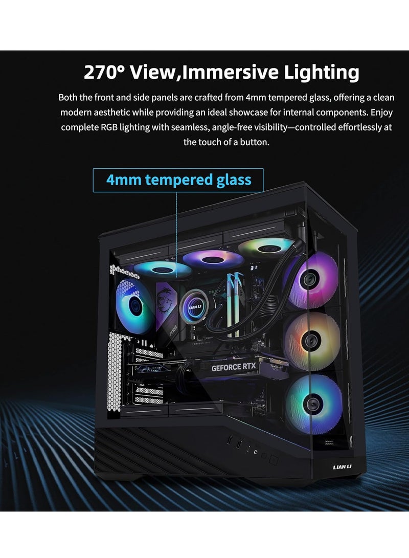 ليان لي صندوق كمبيوتر في 100 ايه تي اكس ميد تاور 4 × 120 ملم ARGB PWM مثبت مسبقا، شريط LED RGB ومنصة عرض مع زجاج مقسى، يدعم وحدة معالجة الرسومات الجرافيكية 415 ملم، رادياتور 360 ملم، تدفق هواء محسن - Image 4