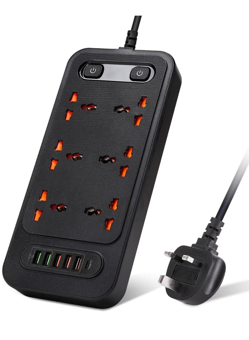 أنمي سلك تمديد بطول 3 أمتار 6 تيار متردد مع شاحن سريع 1 نوع سي + 5 فتحات يو إس بي(5 فولت 3.4 أمبير) ، 3000 واط 13 أمبير ، سلك تمديد واقي ، شريط طاقة للمنزل والمكتب (أسود)