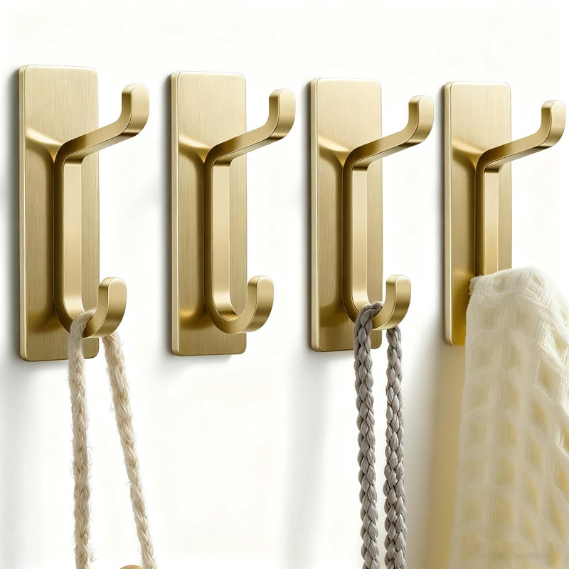pickpiff Self Adhesive Hooks Extra Sticky 10LB Max Heavy Duty Stainless Stick On Wall and Door Hooks for Hanging Bathroom Towel Hooks and Coat Hooks Robe Hook Wall Mounted Gold 4 Pack