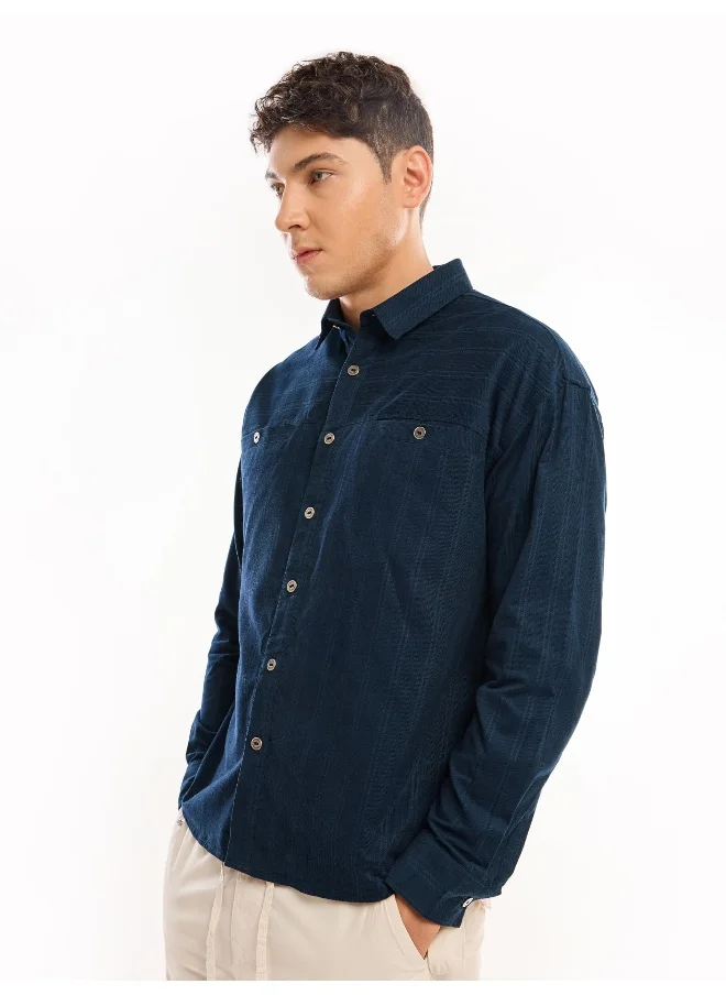 Beyoung Navy Blue Cord Dobby Shirt for Men