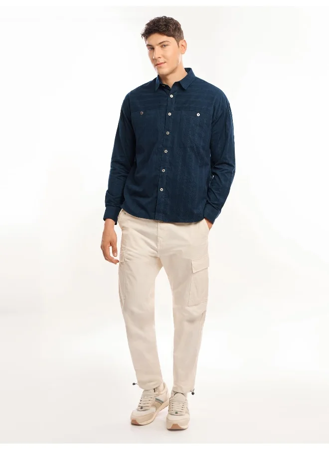 Beyoung Navy Blue Cord Dobby Shirt for Men