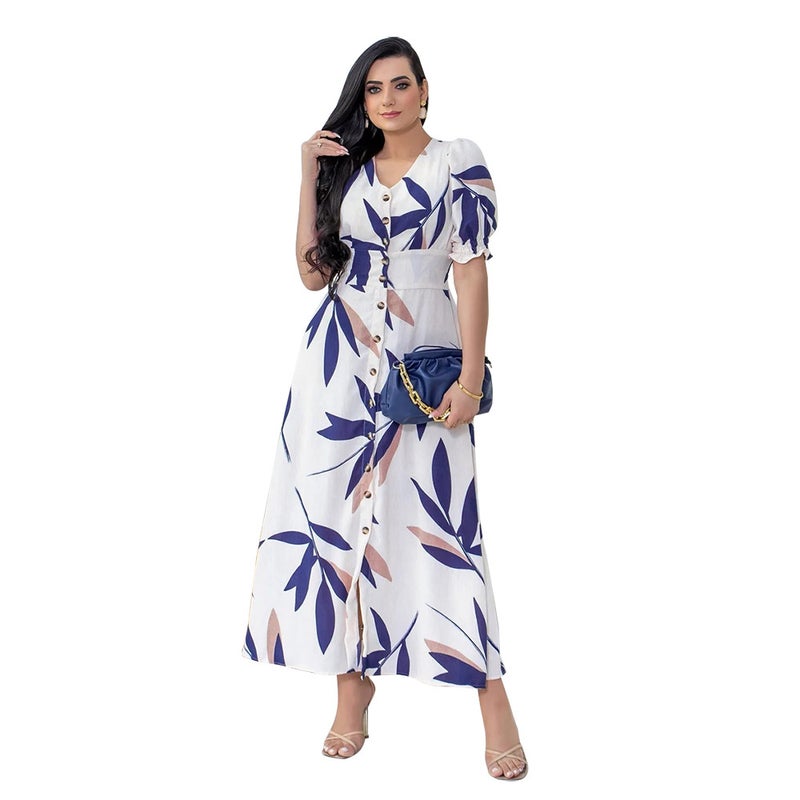 10455 Europe and the United States cross-border temperament V-neck dress bubble elastic short sleeve slim high waist cardigan button dress White