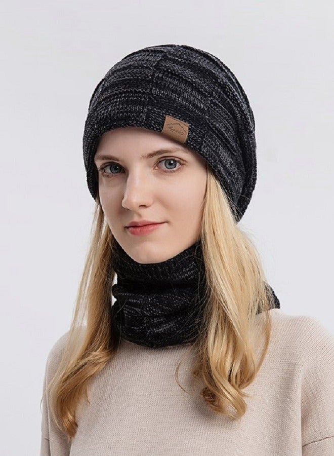 Joychic 2pcs Women Mens Winter Beanie Hats Scarf Set Warm Knit Hats Skull Cap Neck Warmer with Thick Fleece Lined Winter Outdoor Sports Hat Sets Black - Image 1