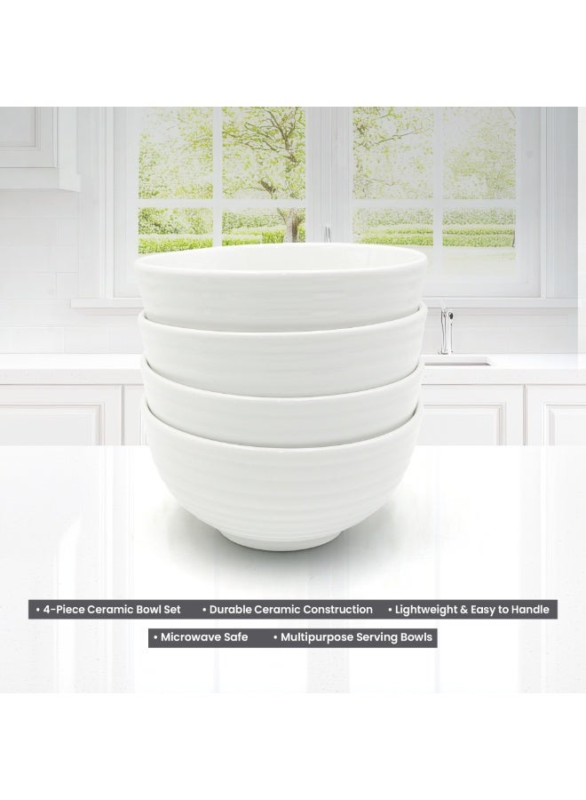 4pc White Ceramic Bowl Set Ripple Lightweight Microwave Safe Multipurpose Tableware for Daily Use Snacks Fruits Meal Preparation Essentials Kitchen Serving Bowls Home Dining Set - Image 3
