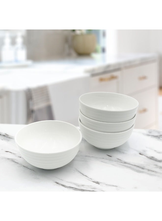 4pc White Ceramic Bowl Set Ripple Lightweight Microwave Safe Multipurpose Tableware for Daily Use Snacks Fruits Meal Preparation Essentials Kitchen Serving Bowls Home Dining Set - Image 4