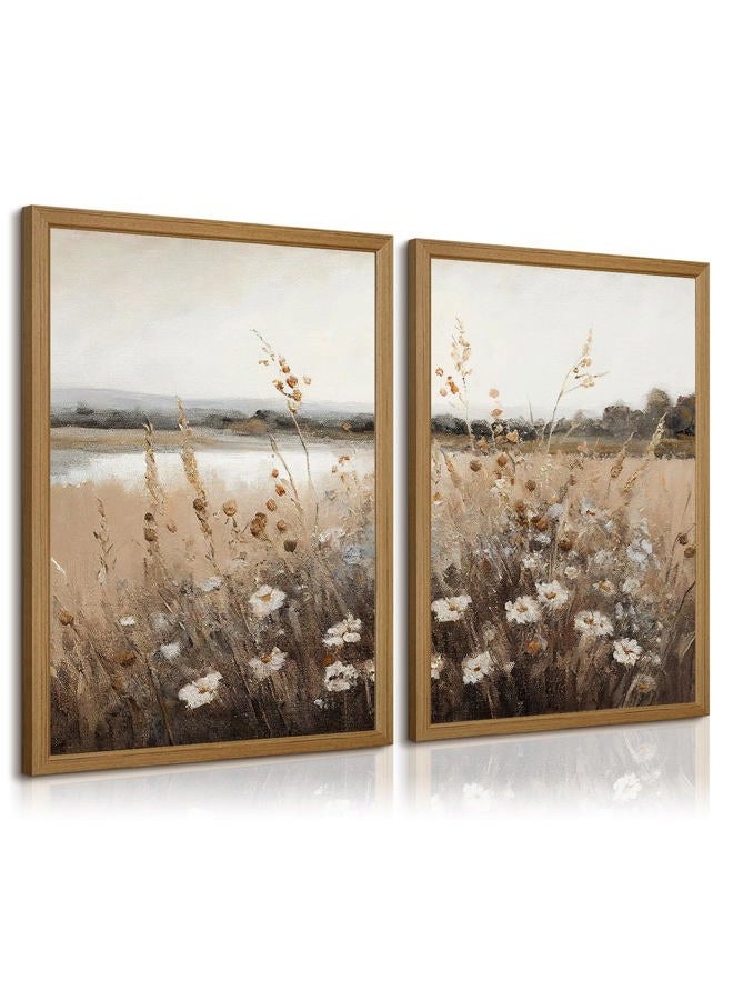 Joocrise Wildflower Botanical Wall Art Decor Set of 2 Vintage Canvas Wall Decor Landscape Field Wall Art Pictures Farmhouse Prints Landscape Painting Vintage Artwork for Room Bedroom 12x16 Inch Wood Framed - Image 1