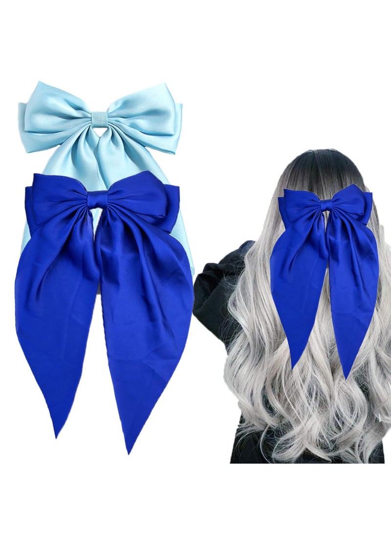 SALOCY - Blue Hair Bows2 PCS Satin Hair Bows Clip Big Blue Bow for Women Hair Ribbons Long Tail Hair Bow Hair Barrettes for Wedding Prom Party Charm Light BlueRoyal Blue - Image 1