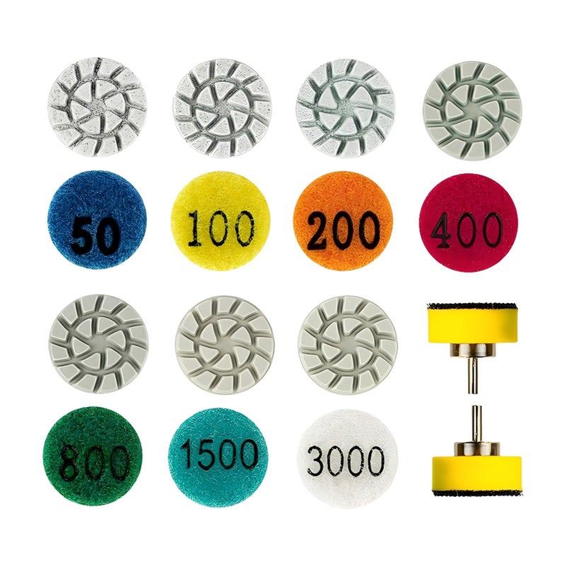 MiJunHD 1inch 25mm Mini Diamond Polishing Pad 16Pcs/Set, 7 Different Grit 50#-3000# Water Sanding Discs & & 2.3mm/3mm Shank Hook & Loop Backing Holder for Detail Fine Grinding - Image 1