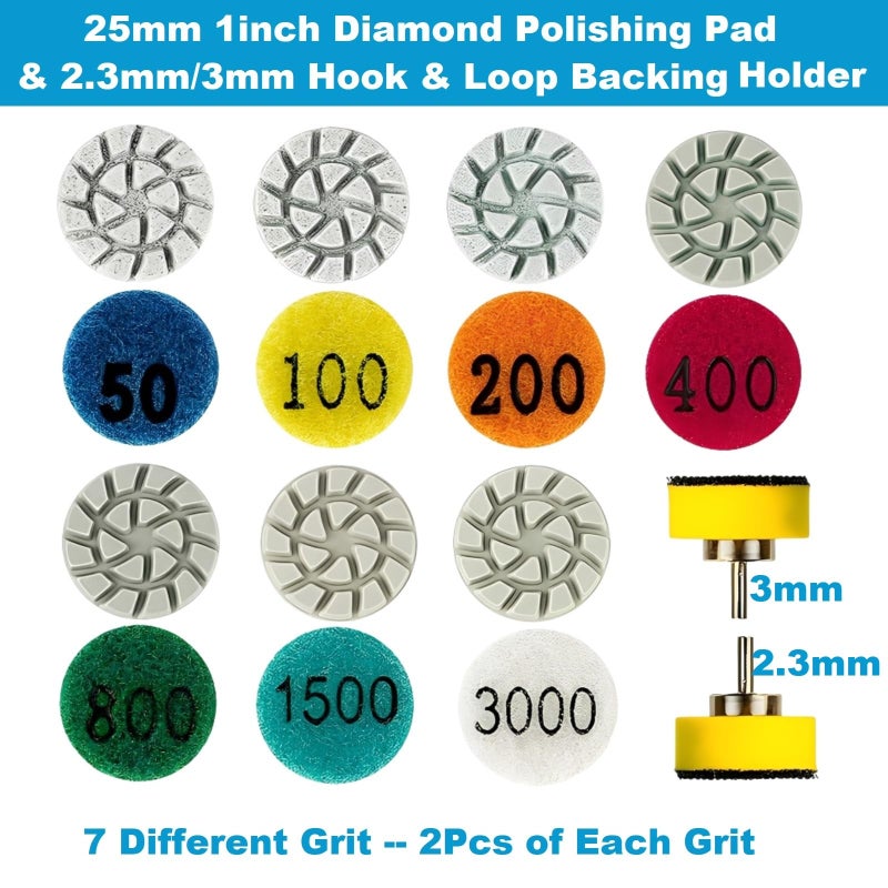 MiJunHD 1inch 25mm Mini Diamond Polishing Pad 16Pcs/Set, 7 Different Grit 50#-3000# Water Sanding Discs & & 2.3mm/3mm Shank Hook & Loop Backing Holder for Detail Fine Grinding - Image 2