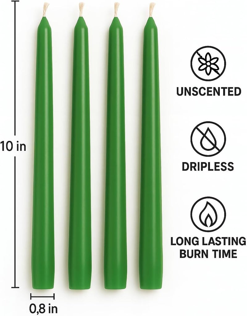 Dinil Green Taper Candles – 10 Inch Tapered Candles Set of 4 – Unscented Taper Candles – Decorative Long Candlesticks for Decoration, Festival, Dinner, Party – Long Burning Time – Green - Image 2