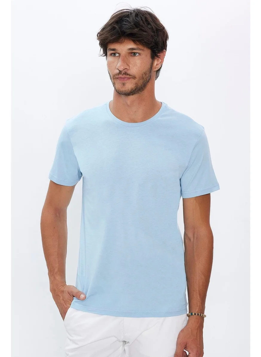 Tudors Men's Slim Fit Slim Cut 100% Organic Cotton Soft Texture Basic Light Blue Crew Neck T-Shirt