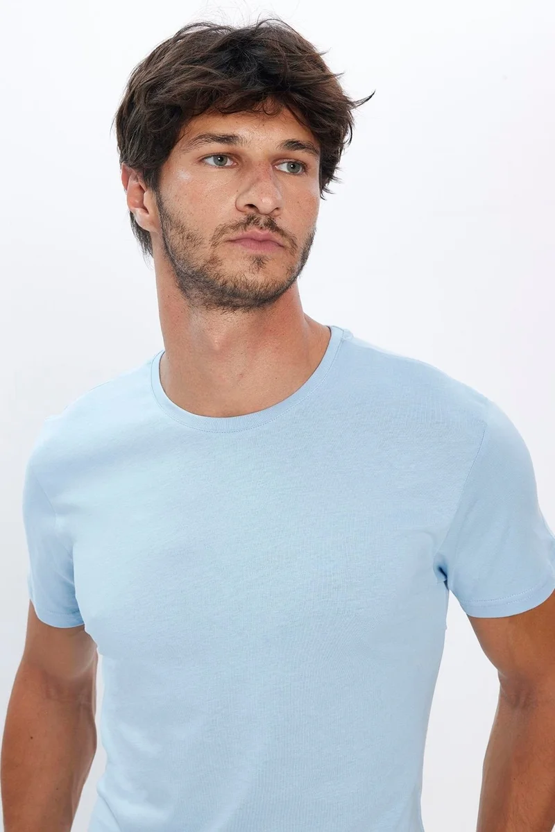 Tudors Men's Slim Fit Slim Cut 100% Organic Cotton Soft Texture Basic Light Blue Crew Neck T-Shirt