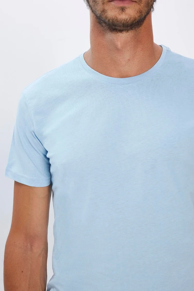 Tudors Men's Slim Fit Slim Cut 100% Organic Cotton Soft Texture Basic Light Blue Crew Neck T-Shirt
