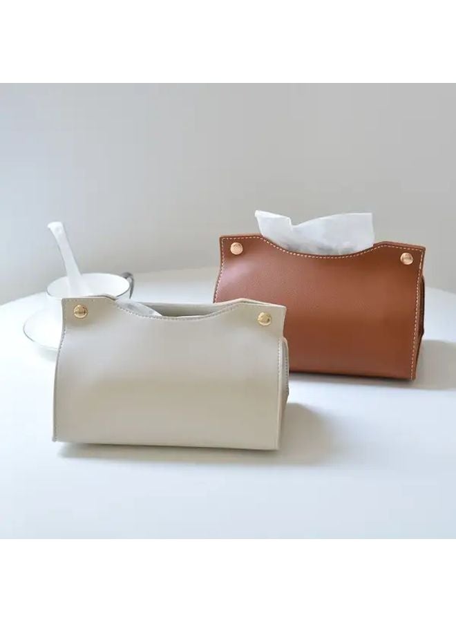 Off White V Neck Faux Leather Tissue Box Holder Modern Home Office Decor - Image 2