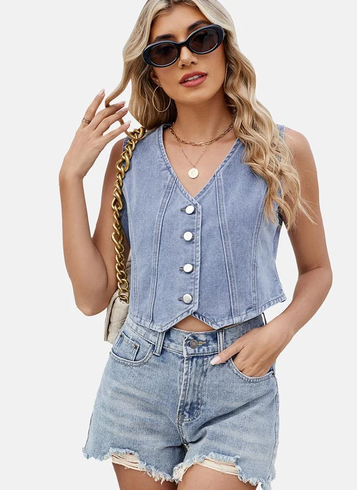 يونيكي Blue V Neck Plain Top