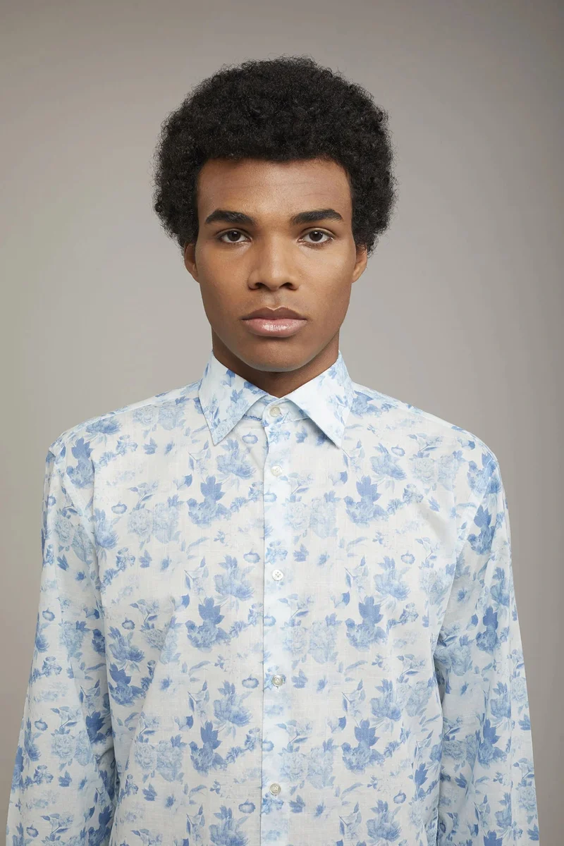 دوبل غانغر Men's printed casual shirt with classic collar 100% cotton muslin fabric comfort fit - LT Blue