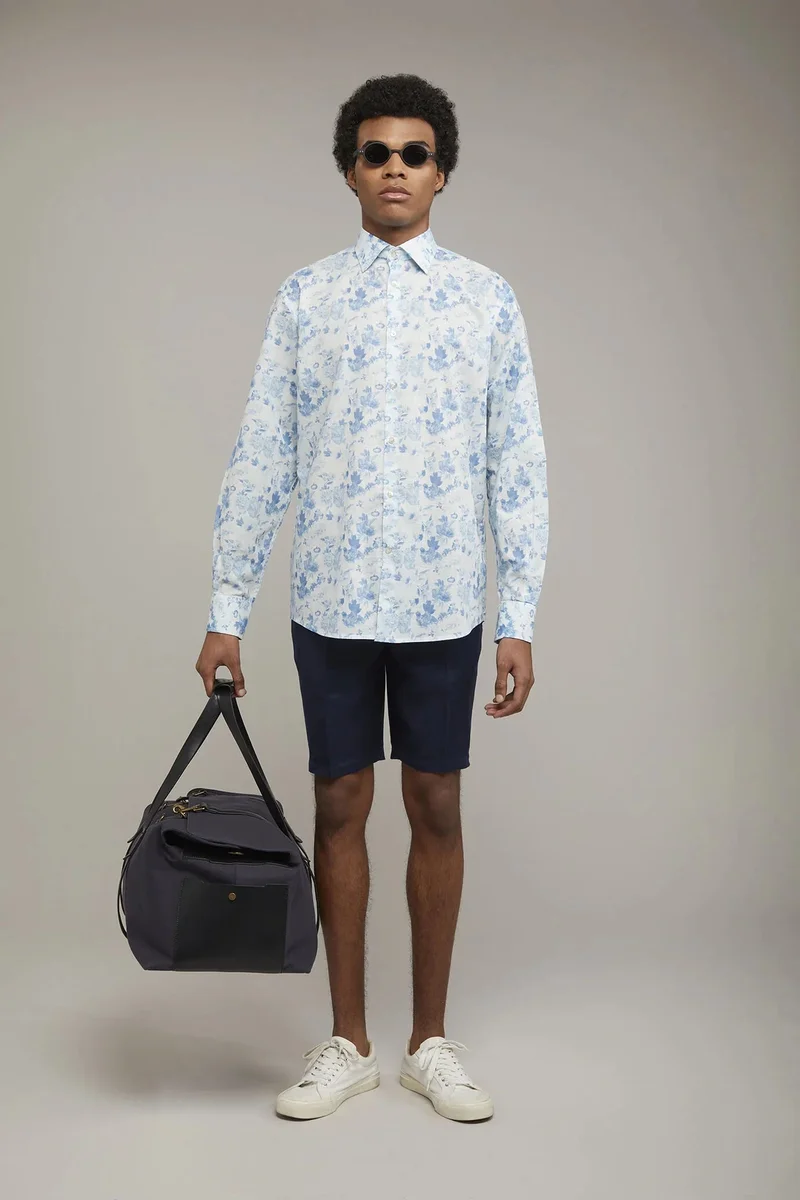 دوبل غانغر Men's printed casual shirt with classic collar 100% cotton muslin fabric comfort fit - LT Blue