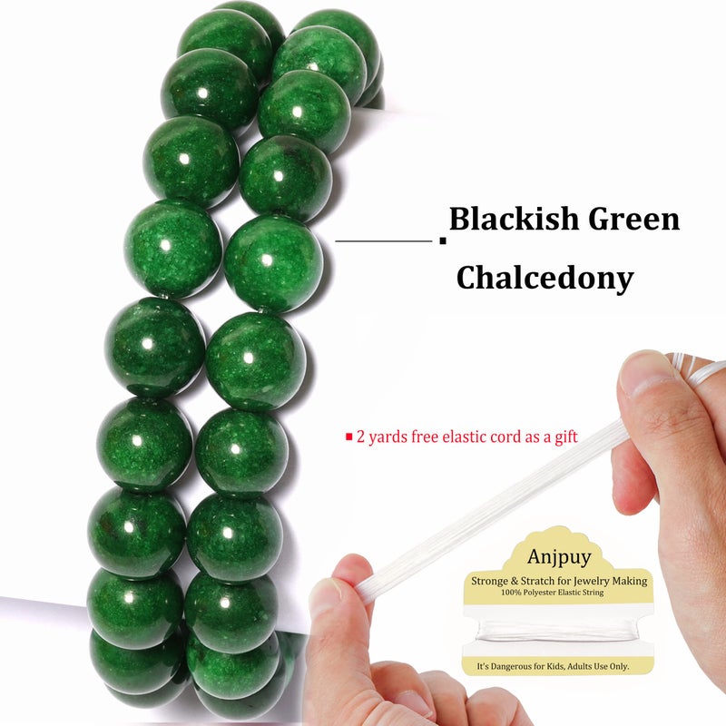 Anjpuy 8mm Natural Blackish Green Chalcedony Round Bead - 45PCS Bulk Gemstone Beads for Jewelry Making, DIY Bracelets, Necklaces - Includes Crystal Stretch Cord - Stone Beads for Crafting Gifts - Image 2