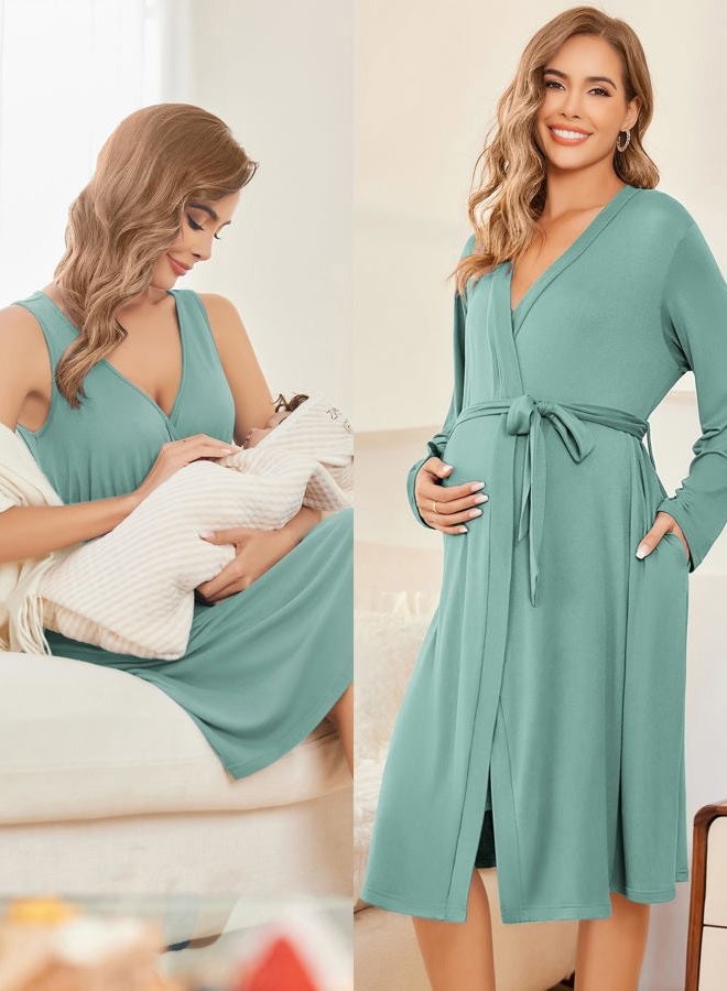 Ekouaer روب رضاعة مجموعة رداء وبيجامة ليلية للرضاعة الحمل بيجامات ليلية للمستشفى مجموعات ما بعد الولادة لون أخضر سيلادون L - Image 4