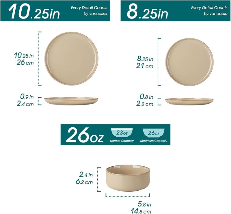 vancasso طقم أطباق وأوعية فخار فانساسو بلايا 18 قطعة بني لأدوات المائدة للمطبخ مجموعة أطباق زجاجية تفاعلية لعدد 6 آمنة في الميكروويف وغسالة الصحون - Image 2