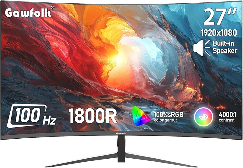 Gawfolk شاشة ألعاب مقاس 27 بوصة، دقة FHD، تردد 100 هرتز، منحنية 1800R، بدون إطار، دقة 1080P (1920×1080)، 100% sRGB، سطوع 300cd/m²، مناسبة للمكتب والمنزل والترفيه، مزودة بمكبر صوت مدمج - Image 1
